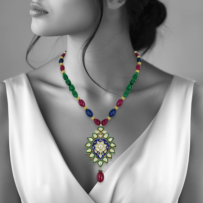 Gemstone Bead Necklace with Polki Meenakari Pendant and Ruby Drop